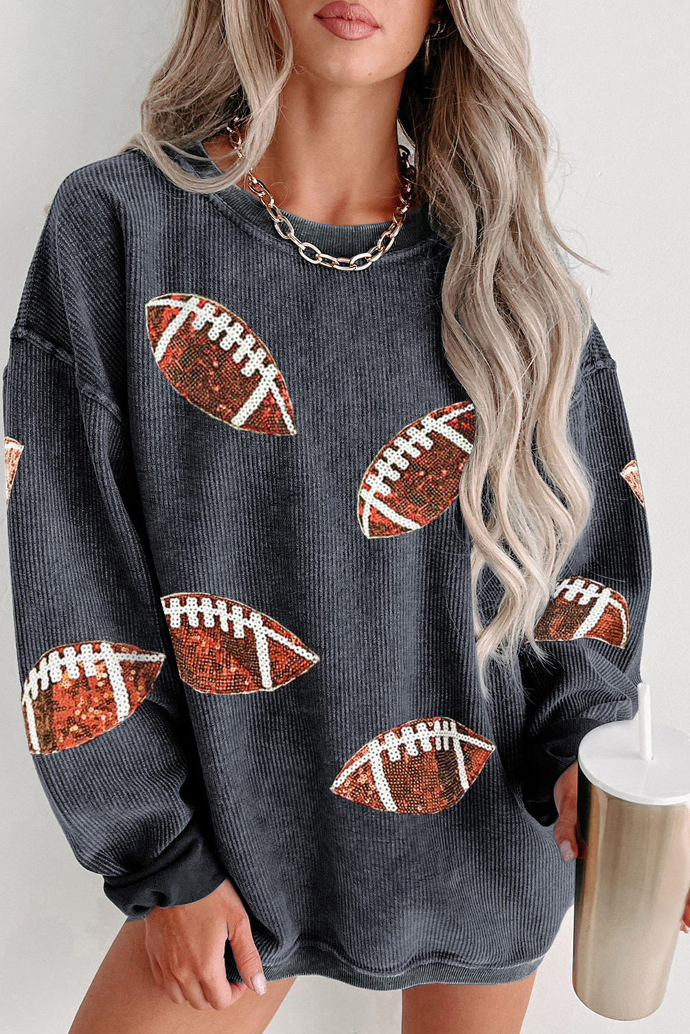 Gray Sequin Rugby Football Graphic Corded Baggy Sweatshirt