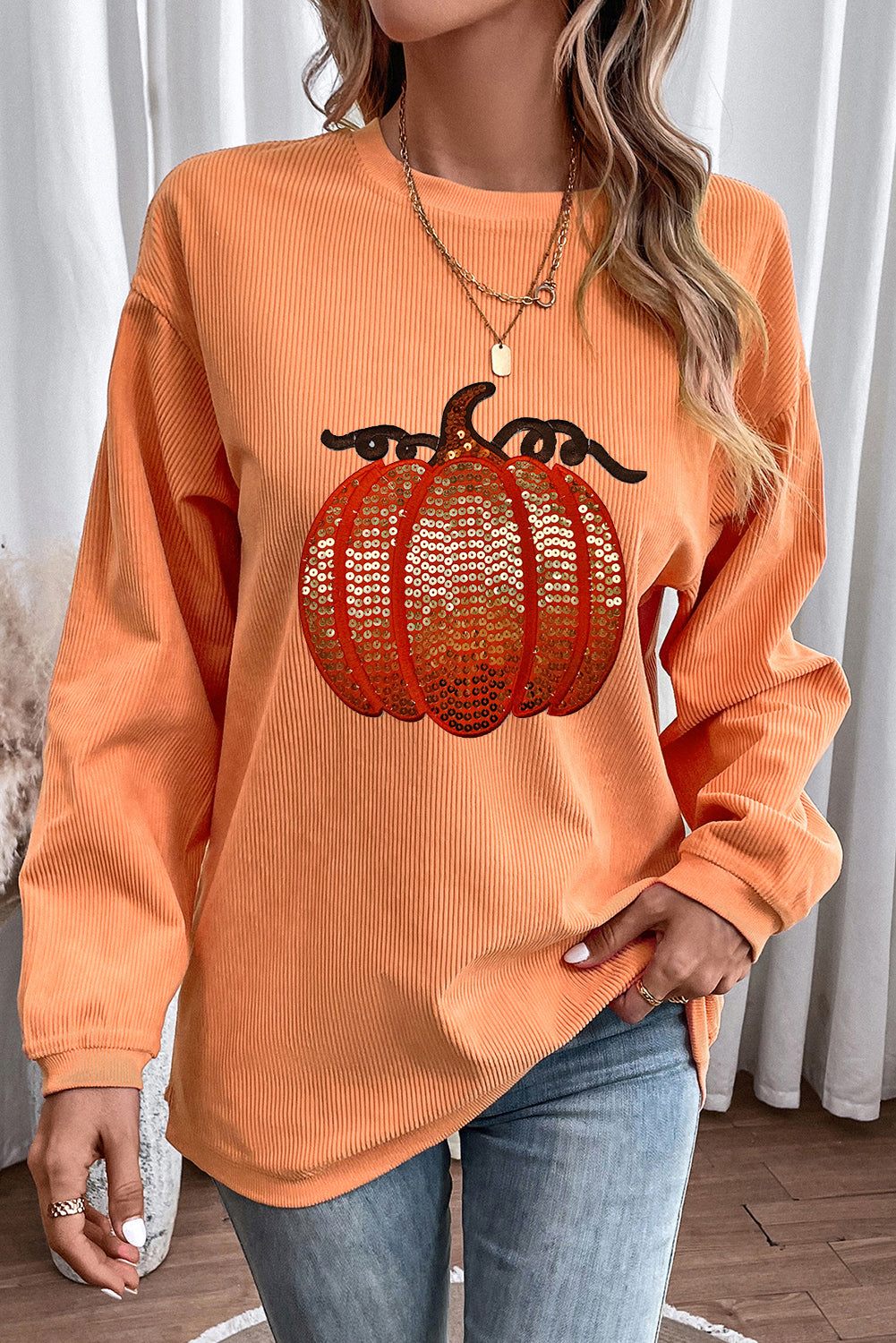 Orange Sequined Pumpkin Ribbed Round Neck Halloween Sweatshirt